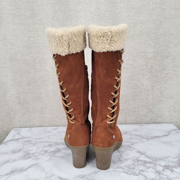 Ugg Felicity Brown Suede Wedge Boots with Real Sherpa Sheepskin Cuff And Footbed - Picture 4 of 16